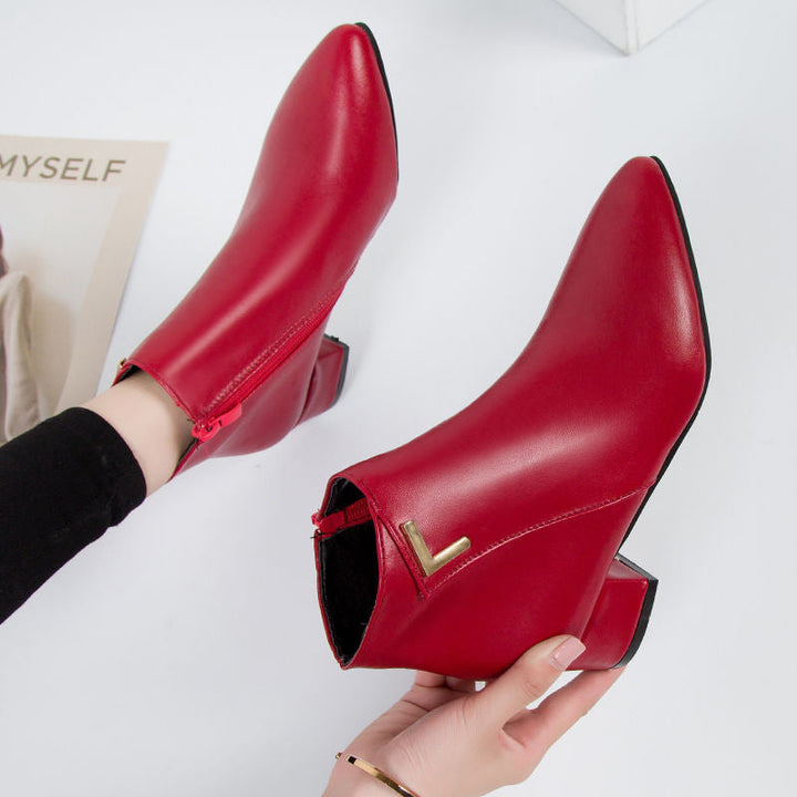 Drune | Stiefeletten - Wildleder-ähnliches Material - Spitzes Ende - Blockabsatz - Reißverschluss