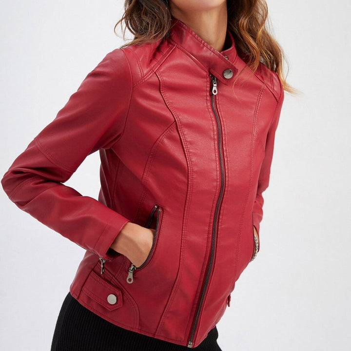 Drune | Lederjacke Slim Fit Biker Stil Reißverschluss Stehkragen Lange Ärmel