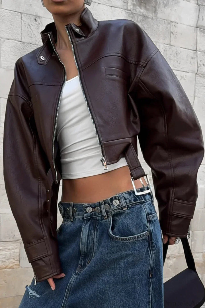 Drune | Biker Stehkragen Reißverschluss Lederjacke