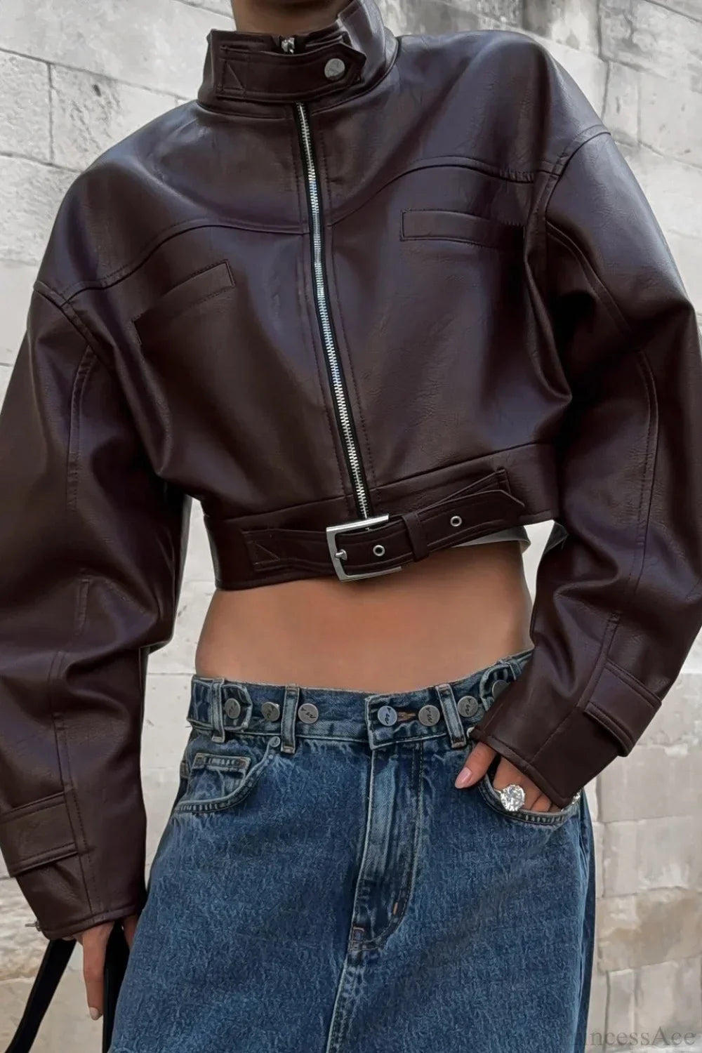 Drune | Biker Stehkragen Reißverschluss Lederjacke