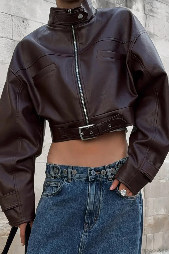 Drune | Biker Stehkragen Reißverschluss Lederjacke