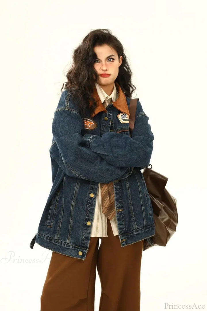 Drune | Bestickte Denim Lockere Revers Utility-Jacke