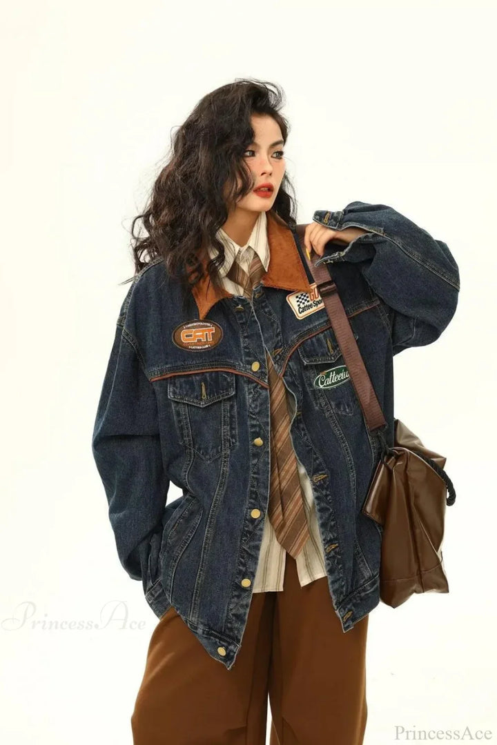 Drune | Bestickte Denim Lockere Revers Utility-Jacke
