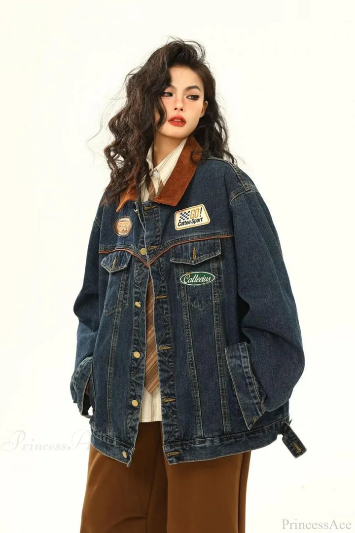 Drune | Bestickte Denim Lockere Revers Utility-Jacke