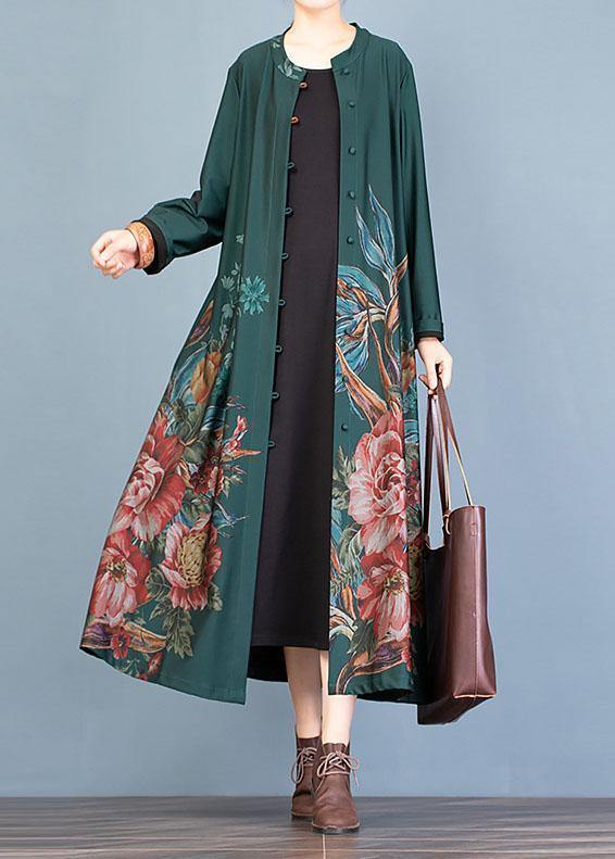 Drune | grüne Drucke Mantel Damen Oversize langer Mantel Trenchcoats Rundhals
