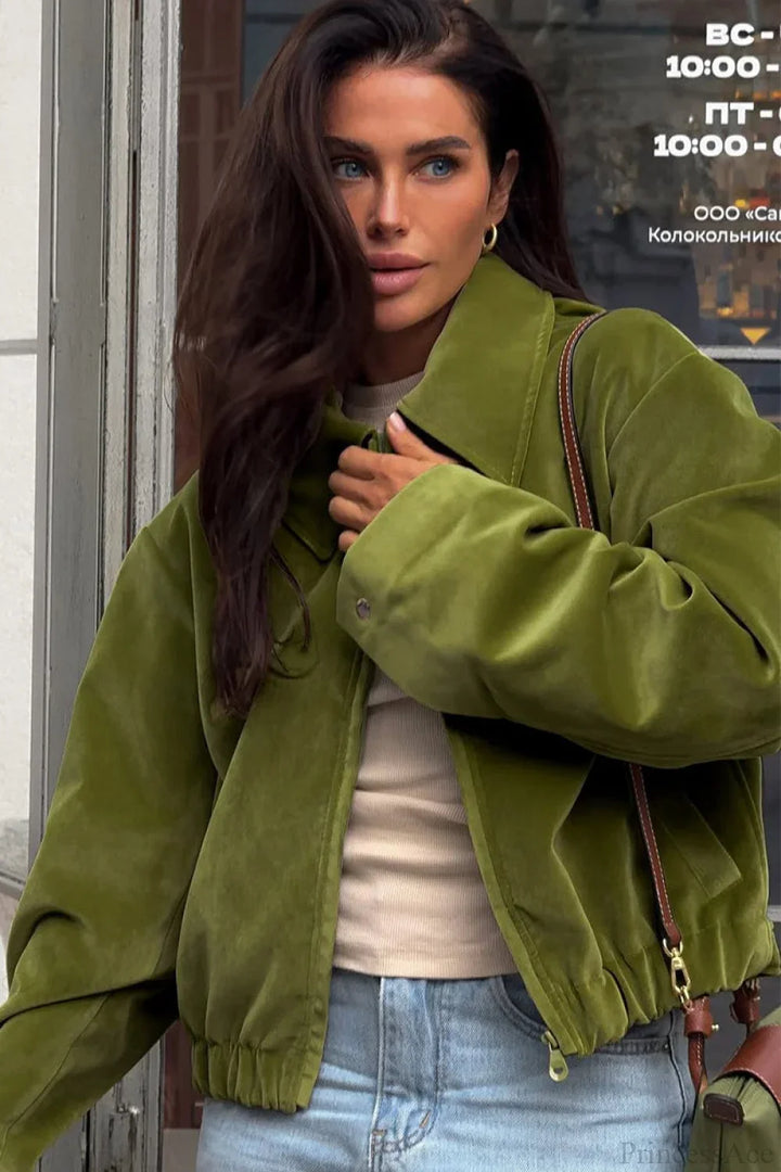 Drune | Grüner Samt Lockerer Baseball Reversjacke
