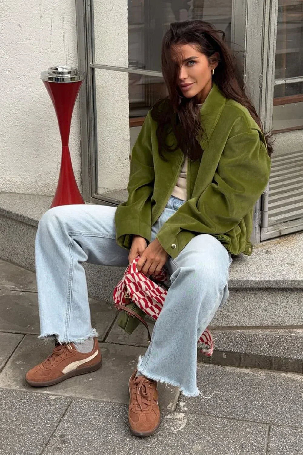 Drune | Grüner Samt Lockerer Baseball Reversjacke