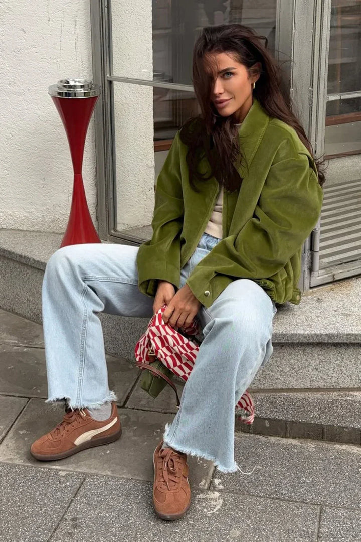 Drune | Grüner Samt Lockerer Baseball Reversjacke