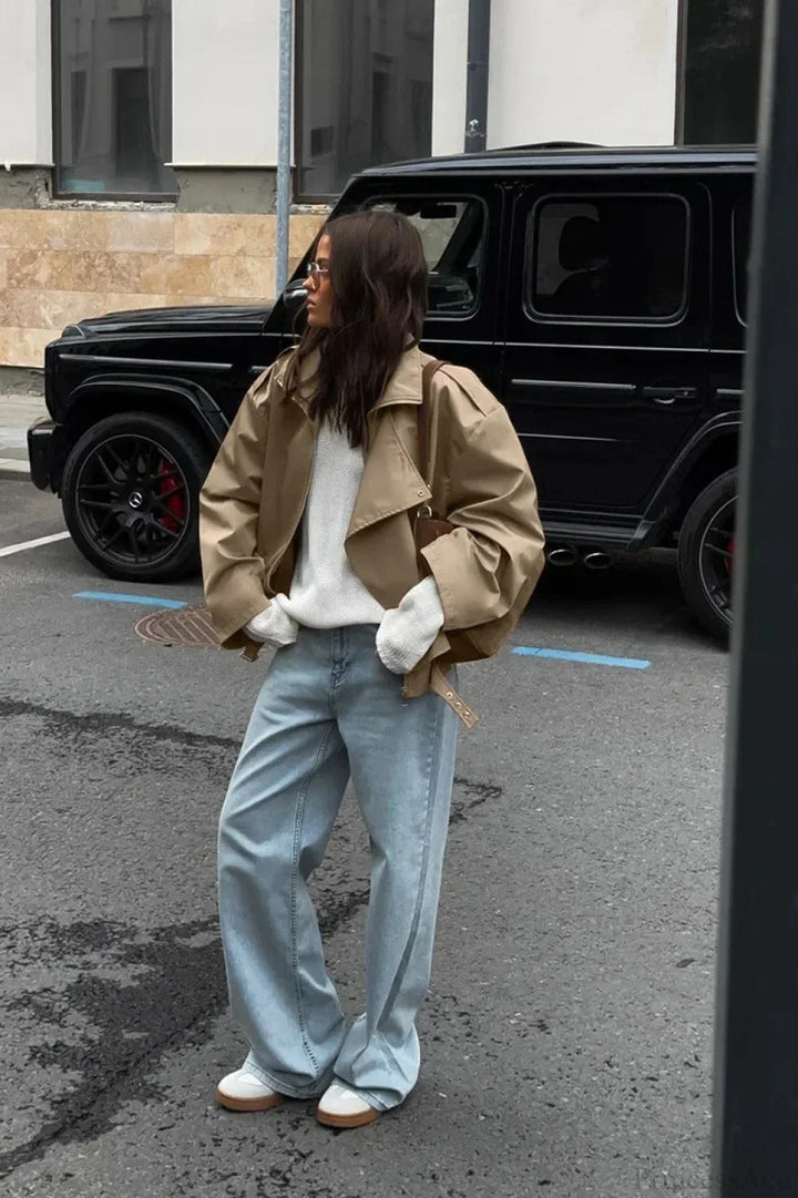 Drune | Khaki Revers Trench Lässige Jacke