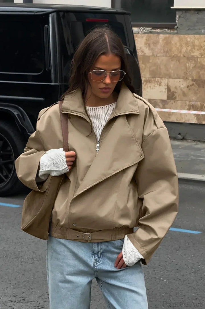 Drune | Khaki Revers Trench Lässige Jacke