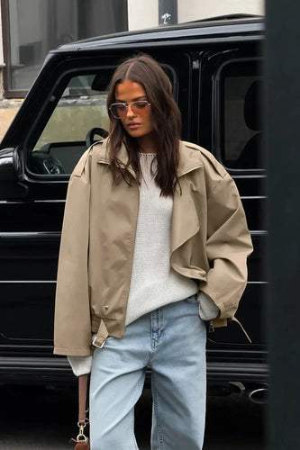 Drune | Khaki Revers Trench Lässige Jacke