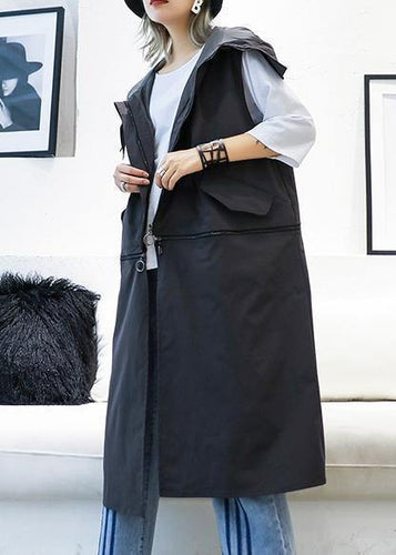 Drune | Plus-Size mittellange ärmellose Mäntel schwarze Kapuzen-Reißverschlussjacke