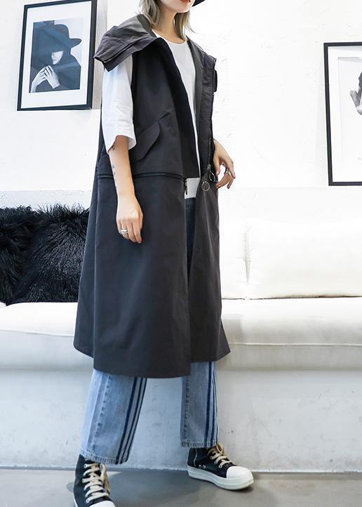 Drune | Plus-Size mittellange ärmellose Mäntel schwarze Kapuzen-Reißverschlussjacke