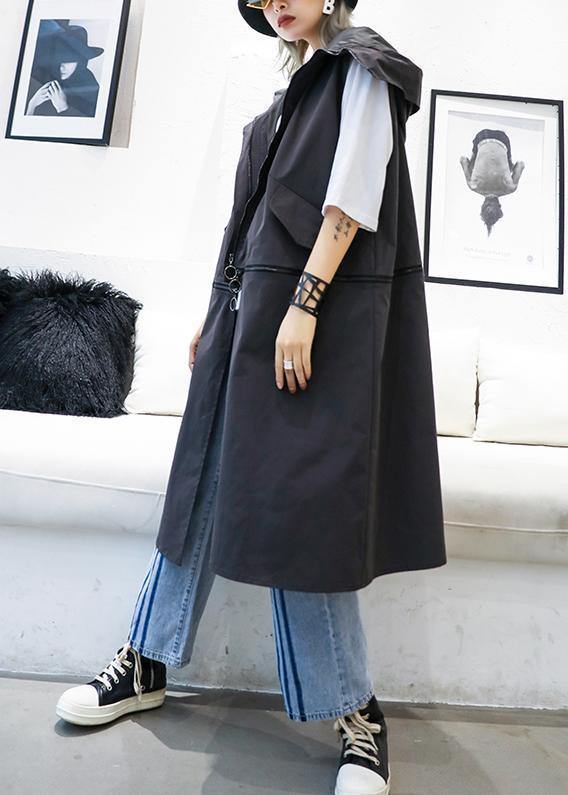 Drune | Plus-Size mittellange ärmellose Mäntel schwarze Kapuzen-Reißverschlussjacke