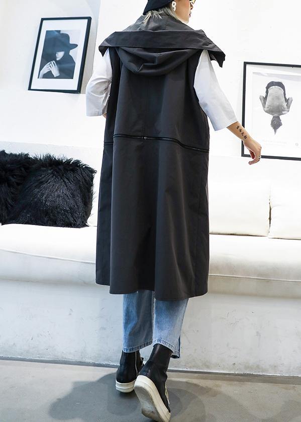 Drune | Plus-Size mittellange ärmellose Mäntel schwarze Kapuzen-Reißverschlussjacke