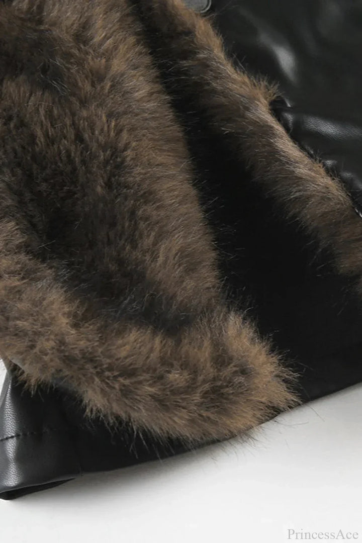 Drune | Y2K Pelzkragen Leder Taille - Raffung Jacke