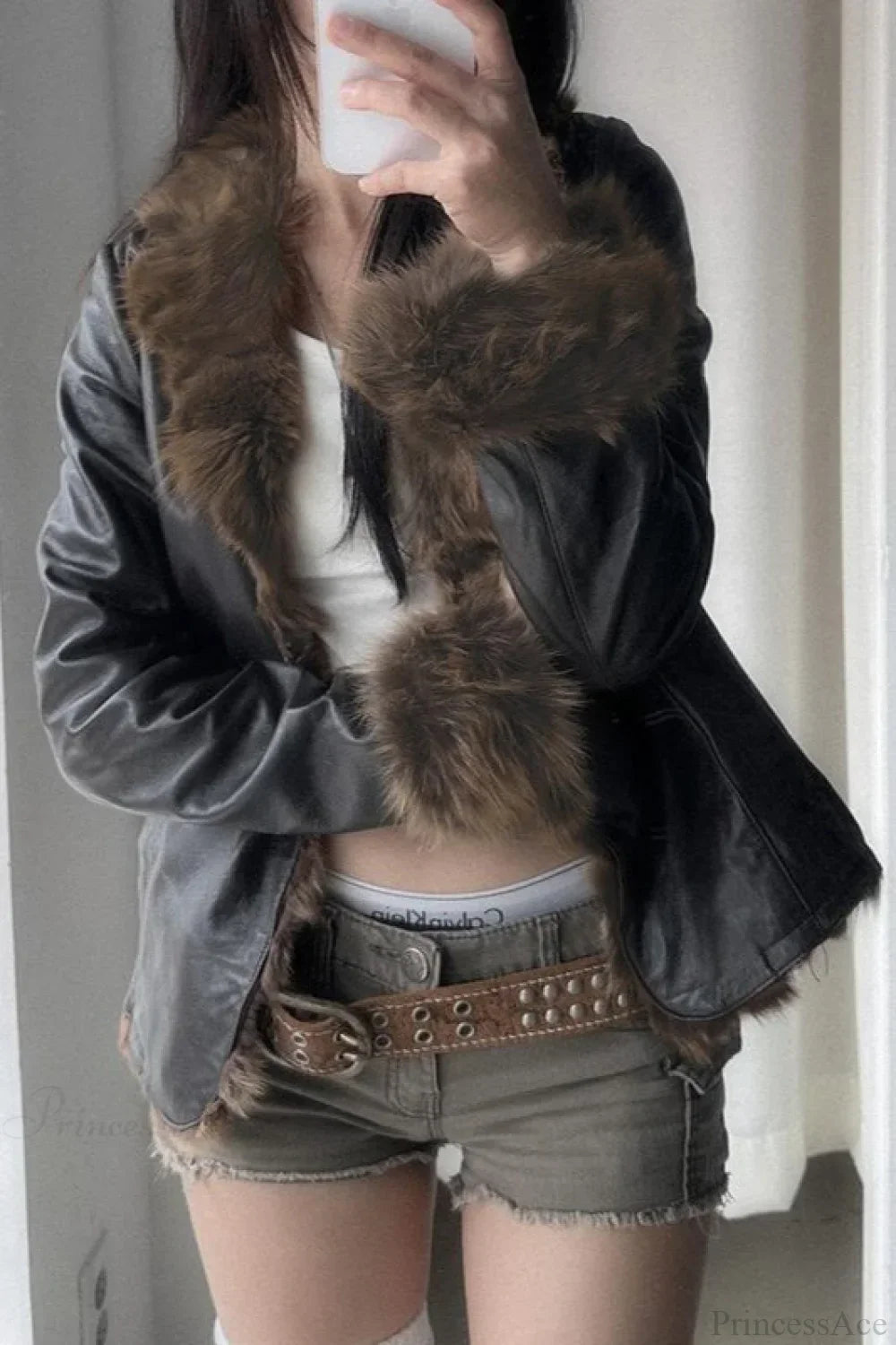 Drune | Y2K Pelzkragen Leder Taille - Raffung Jacke