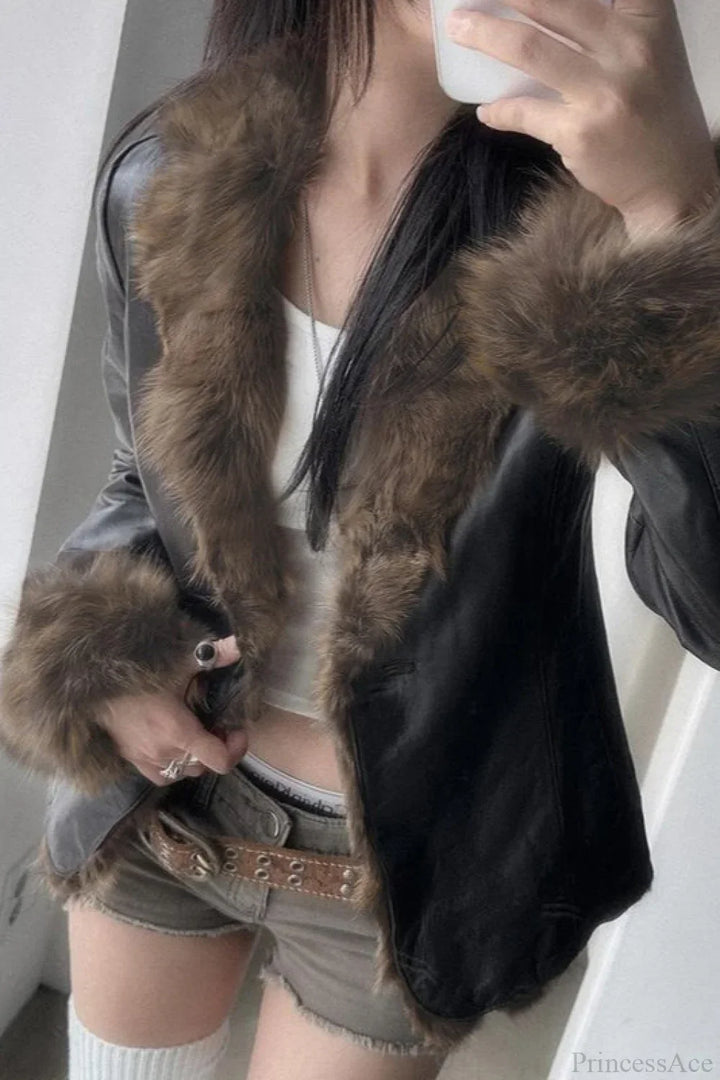 Drune | Y2K Pelzkragen Leder Taille - Raffung Jacke