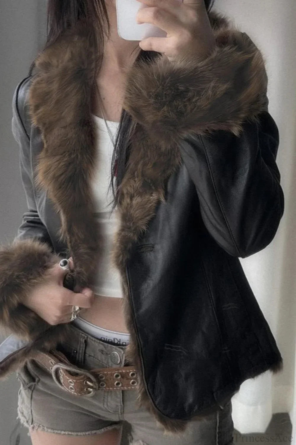 Drune | Y2K Pelzkragen Leder Taille - Raffung Jacke