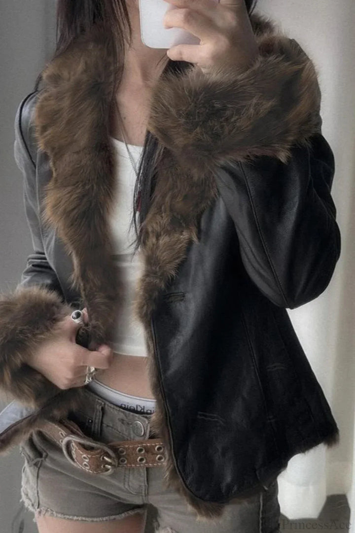 Drune | Y2K Pelzkragen Leder Taille - Raffung Jacke