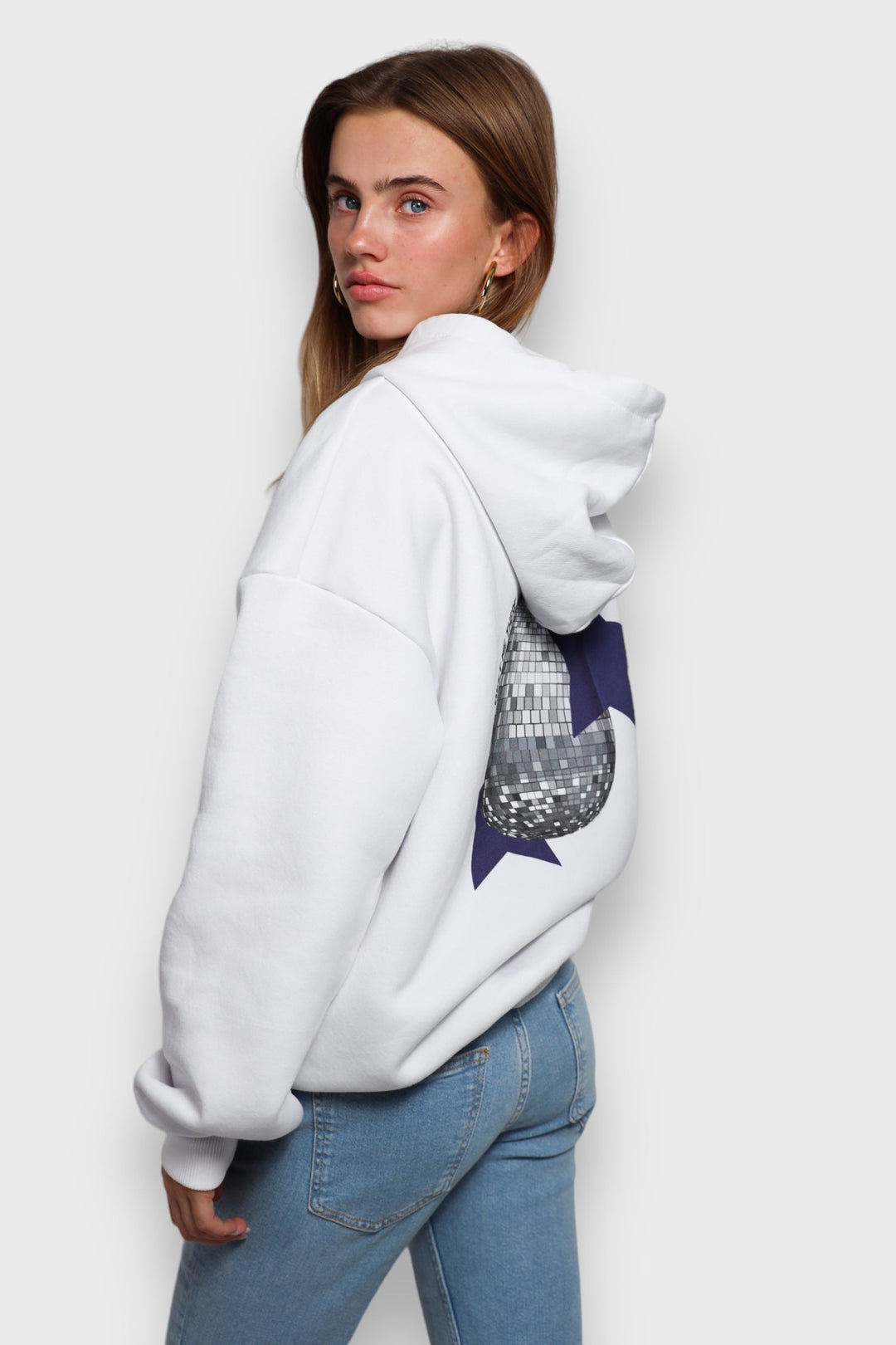Drune | Weißer Damen-Hoodie mit Discokugel-Print