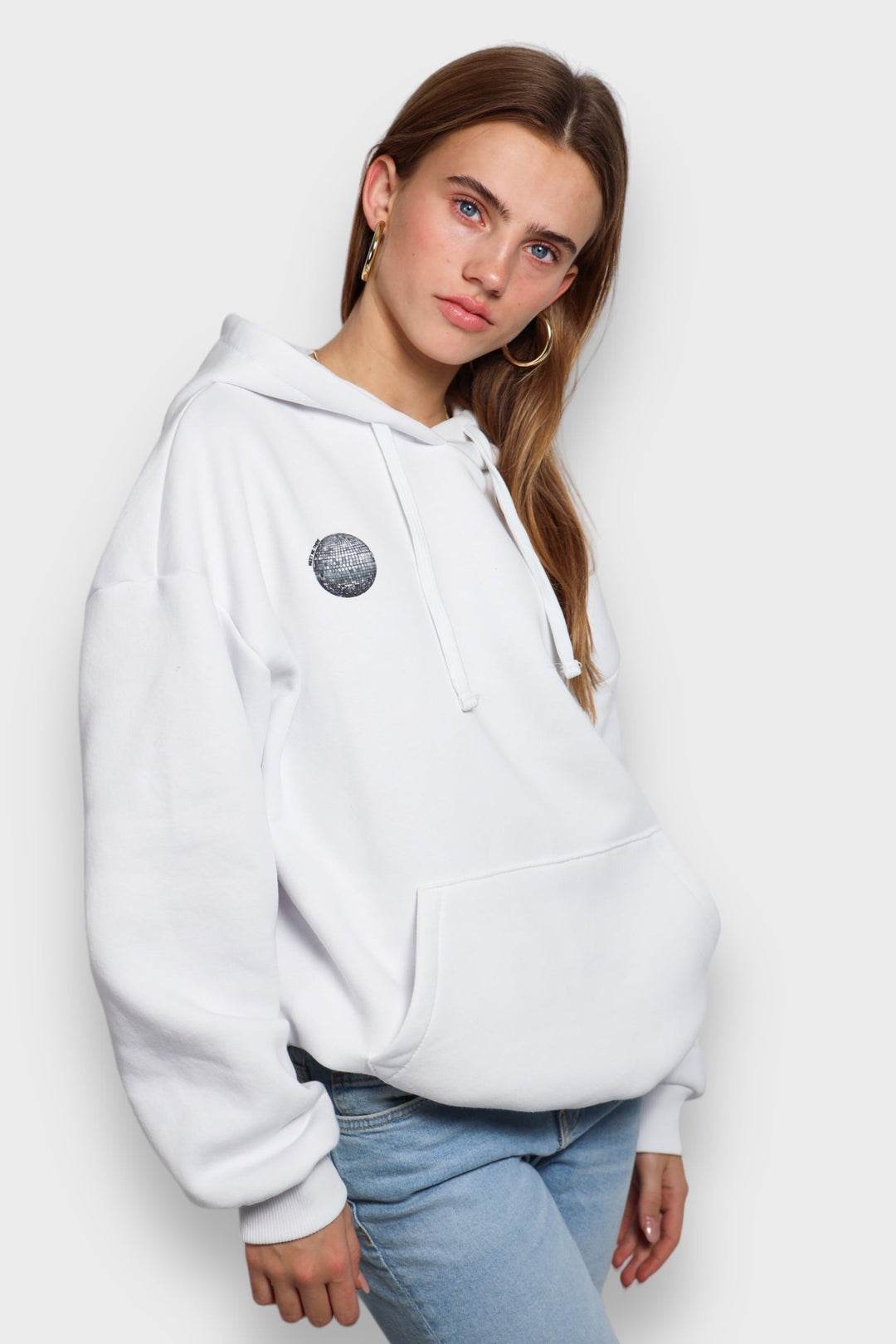 Drune | Weißer Damen-Hoodie mit Discokugel-Print