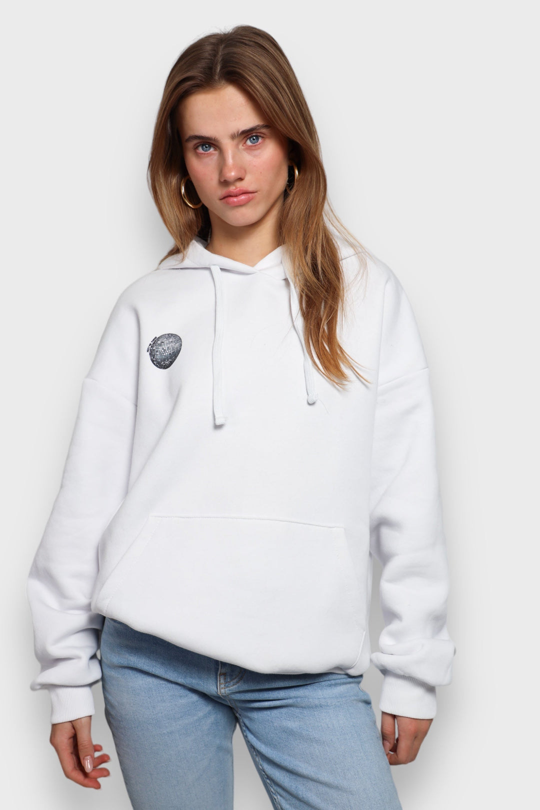 Drune | Weißer Damen-Hoodie mit Discokugel-Print
