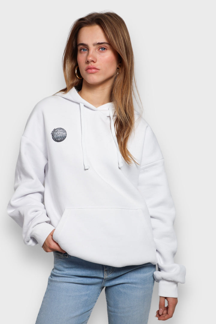Drune | Weißer Damen-Hoodie mit Discokugel-Print