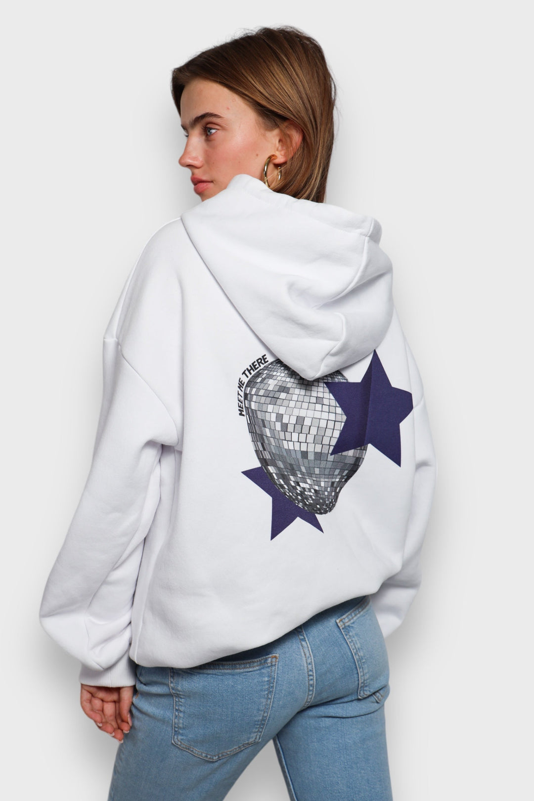 Drune | Weißer Damen-Hoodie mit Discokugel-Print