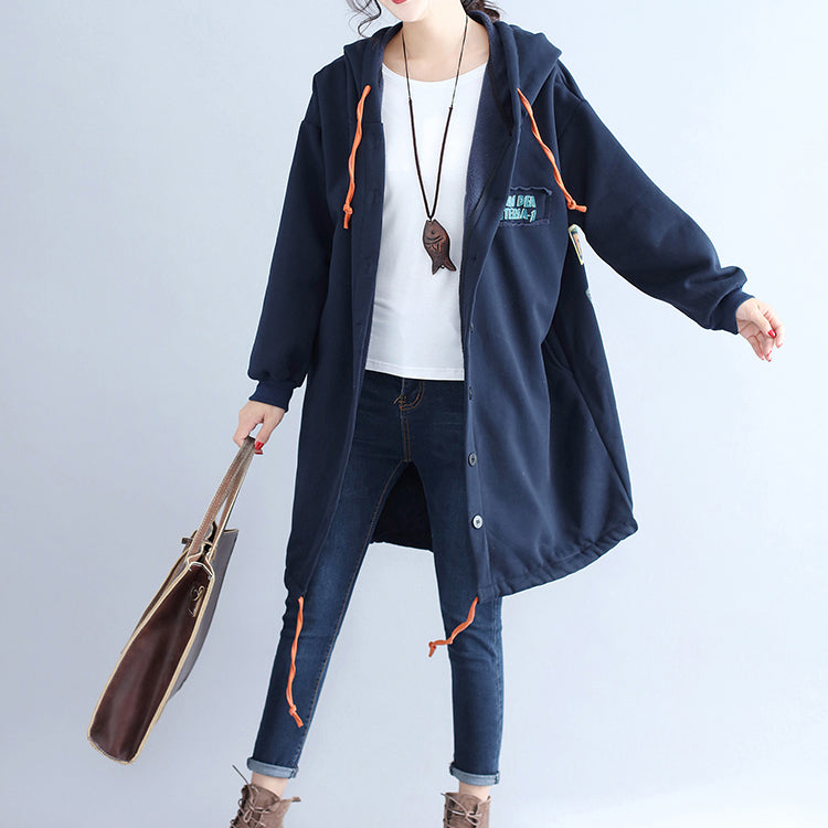 Drune | lässige Baumwollstrickjacken oversized navy Mode Kapuzenmäntel Rückseite Cartoon-Drucke