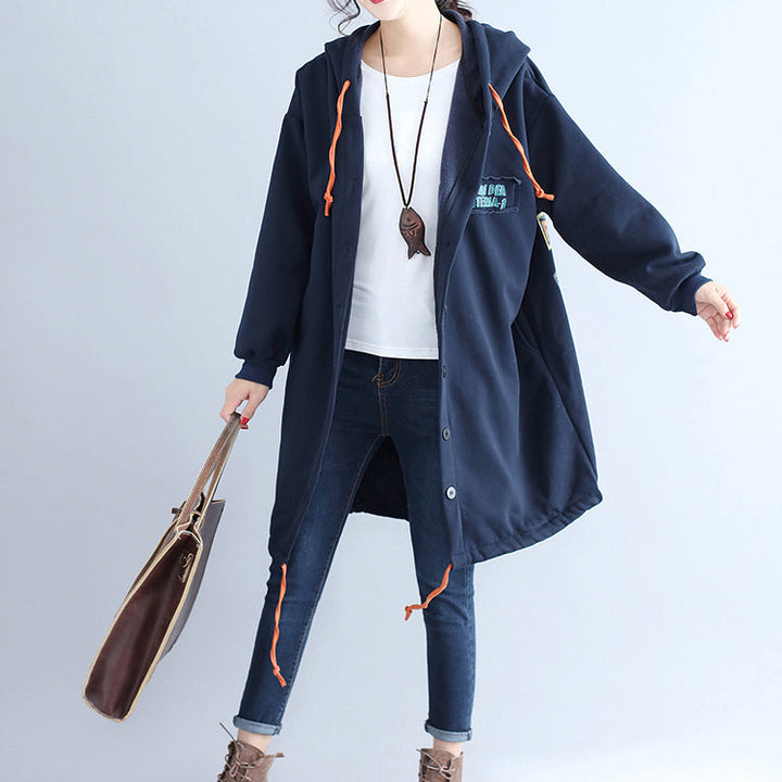 Drune | lässige Baumwollstrickjacken oversized navy Mode Kapuzenmäntel Rückseite Cartoon-Drucke