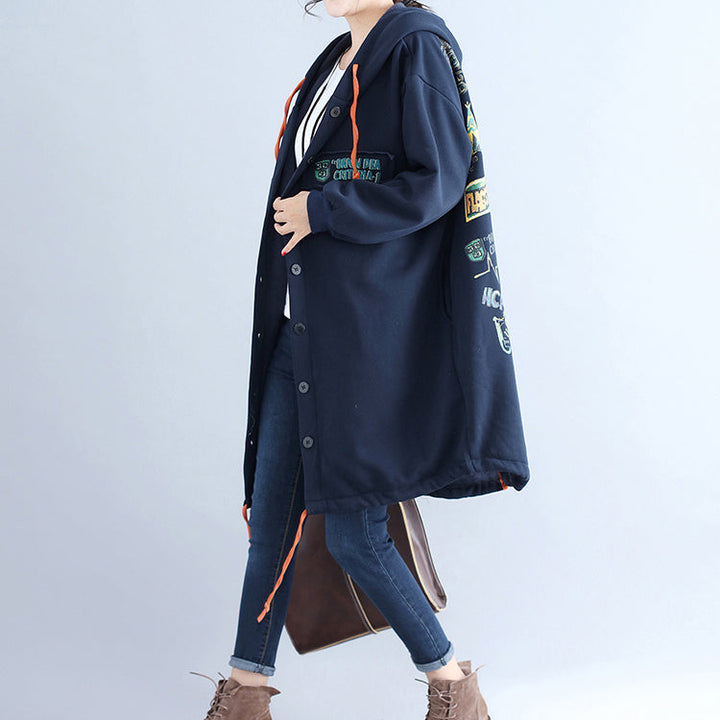 Drune | lässige Baumwollstrickjacken oversized navy Mode Kapuzenmäntel Rückseite Cartoon-Drucke