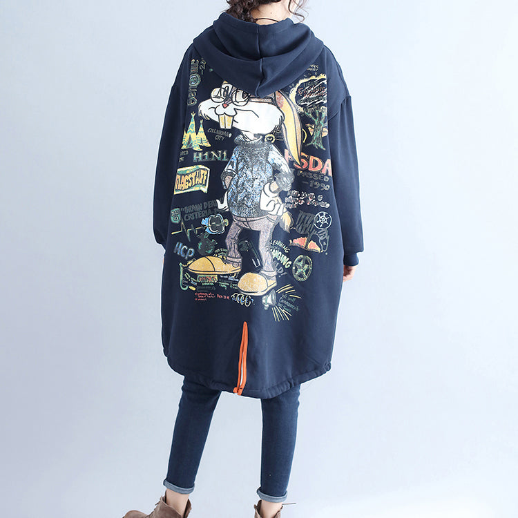 Drune | lässige Baumwollstrickjacken oversized navy Mode Kapuzenmäntel Rückseite Cartoon-Drucke