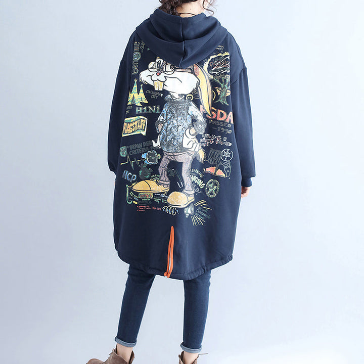 Drune | lässige Baumwollstrickjacken oversized navy Mode Kapuzenmäntel Rückseite Cartoon-Drucke