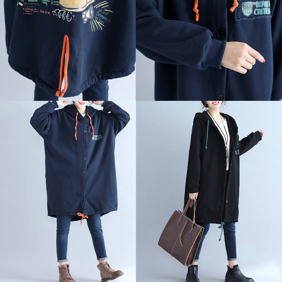 Drune | lässige Baumwollstrickjacken oversized navy Mode Kapuzenmäntel Rückseite Cartoon-Drucke