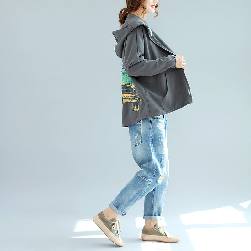 Drune | neue graue zipferverschluss Baumwollmäntel mit Kapuze Plus-Size lässige kurze Außenbekleidung
