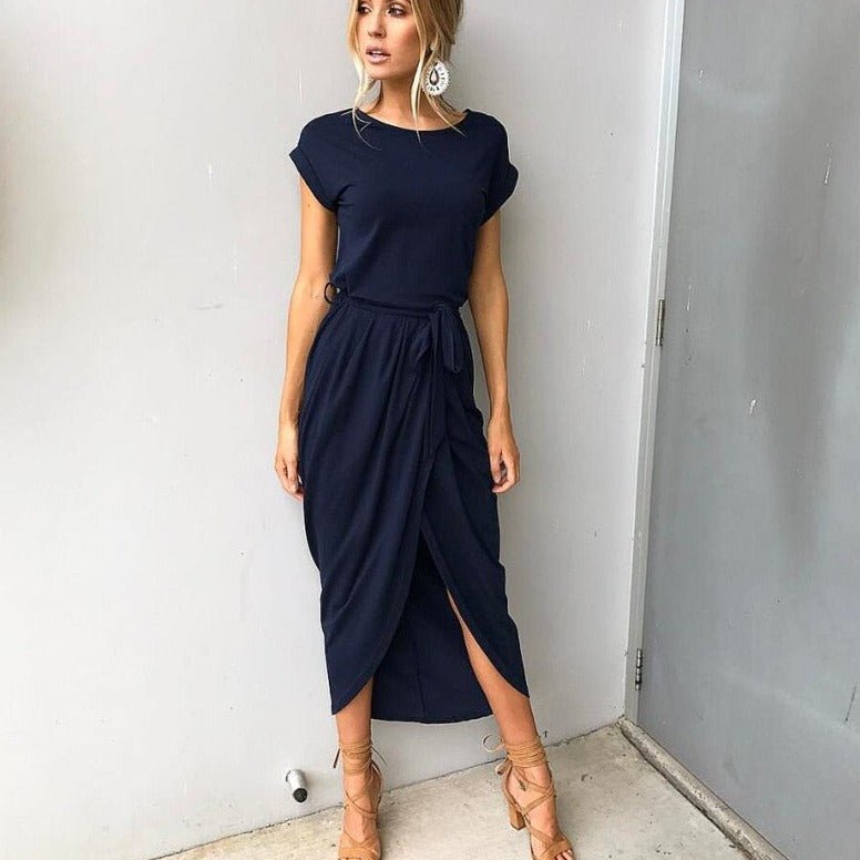 Drune | Modisches Kurzärmeliges Maxikleid mit Rundhalsausschnitt und Schlitz Vorne