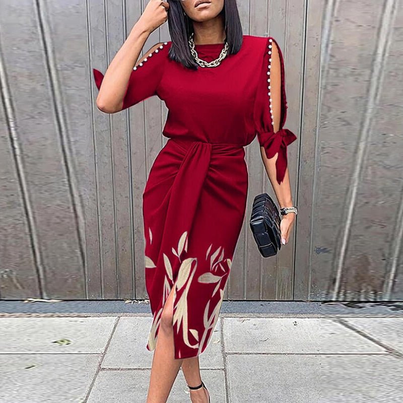 Drune Midi-Kleid | Frühlings-Blumendruck mit Aussparungen und langen Ärmeln für Damen