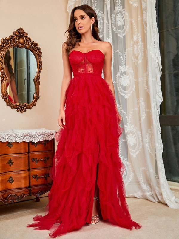 Drune | Damen Frühling Sommer Neue Große Größe Spitzen-Mesh-Röhrenoberteil Sexy Kleid