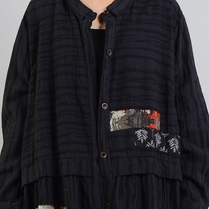 Drune | schwarzer Mantel Oversize Stehkragen baggy Wintermantel Mode Patchworkjacken