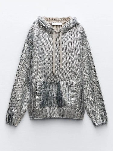 Drune | Schicker Damen-Kapuzenpullover Mit Metallic-Rippbesatz Und Folie