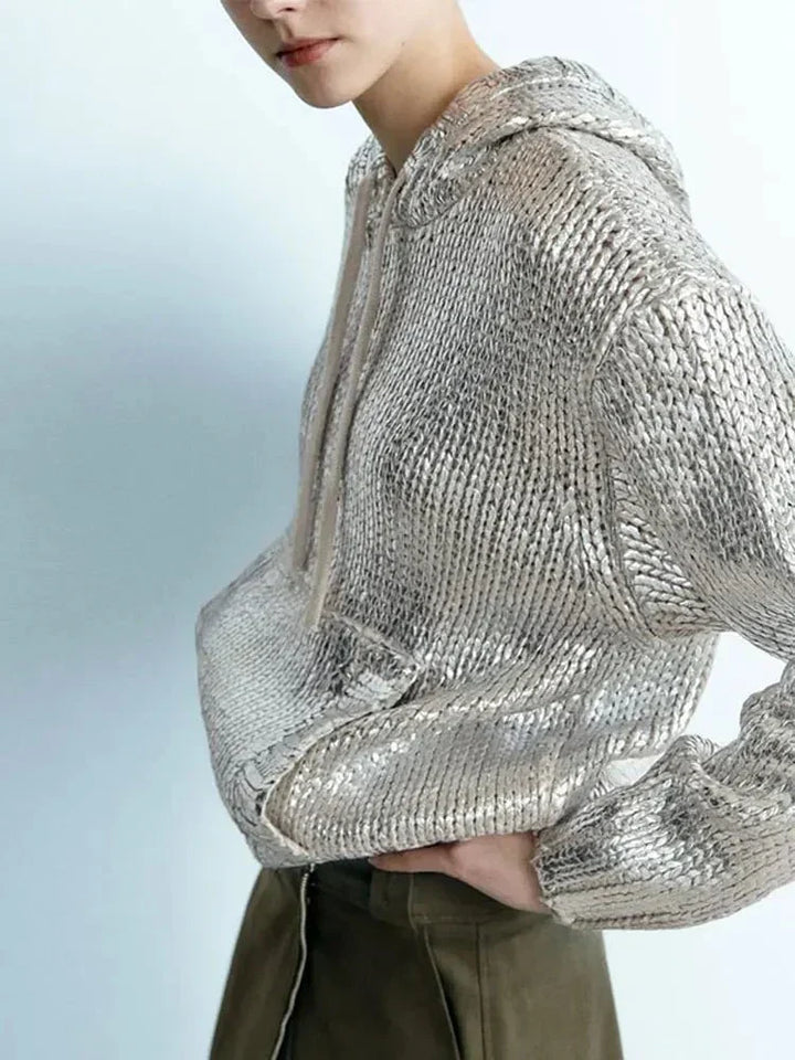 Drune | Schicker Damen-Kapuzenpullover Mit Metallic-Rippbesatz Und Folie