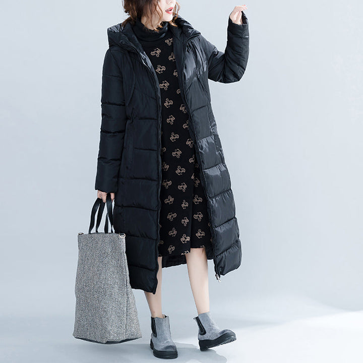 Drune | neuer schwarzer trendiger Plus-Size Kapuzen-Steppmantel Drune | Taschen mit Reißverschluss Baumwollmäntel