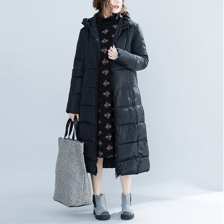 Drune | neuer schwarzer trendiger Plus-Size Kapuzen-Steppmantel Drune | Taschen mit Reißverschluss Baumwollmäntel