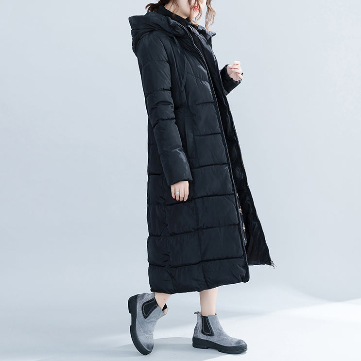 Drune | neuer schwarzer trendiger Plus-Size Kapuzen-Steppmantel Drune | Taschen mit Reißverschluss Baumwollmäntel