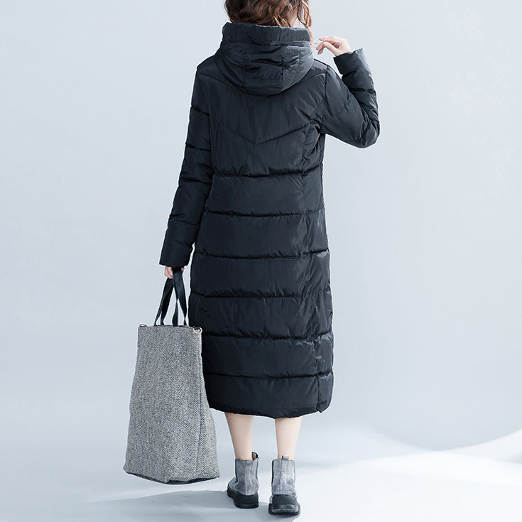 Drune | neuer schwarzer trendiger Plus-Size Kapuzen-Steppmantel Drune | Taschen mit Reißverschluss Baumwollmäntel