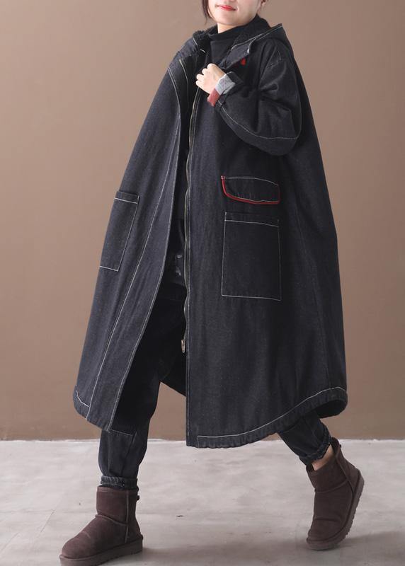 Drune | Plus-Size-Bekleidung Jacken & Mäntel Kapuzenübermantel Denim Schwarz zwei Taschen Parkas für Drune