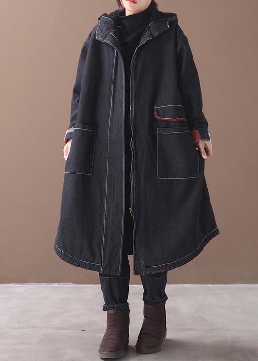 Drune | Plus-Size-Bekleidung Jacken & Mäntel Kapuzenübermantel Denim Schwarz zwei Taschen Parkas für Drune