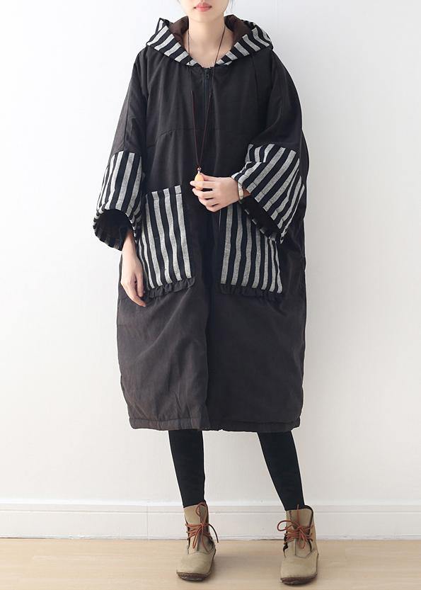 Drune | Plus-Size-Bekleidung warmer Wintermantel mit Kapuze schwarze Patchwork-Mäntel