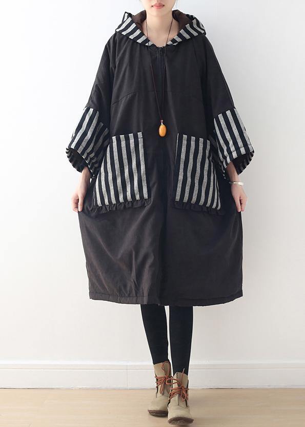 Drune | Plus-Size-Bekleidung warmer Wintermantel mit Kapuze schwarze Patchwork-Mäntel